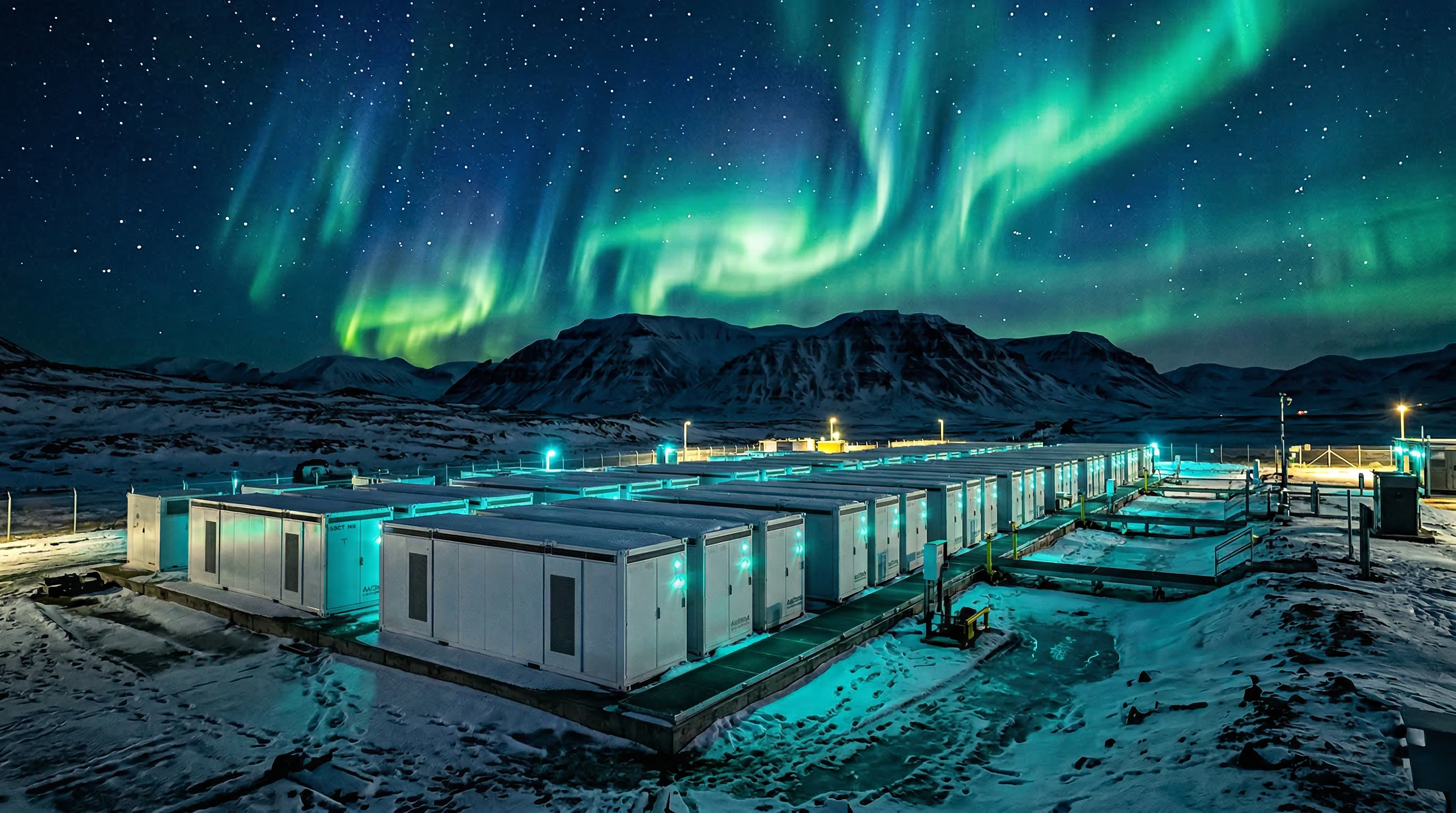 Industrial energy storage facility under the aurora borealis